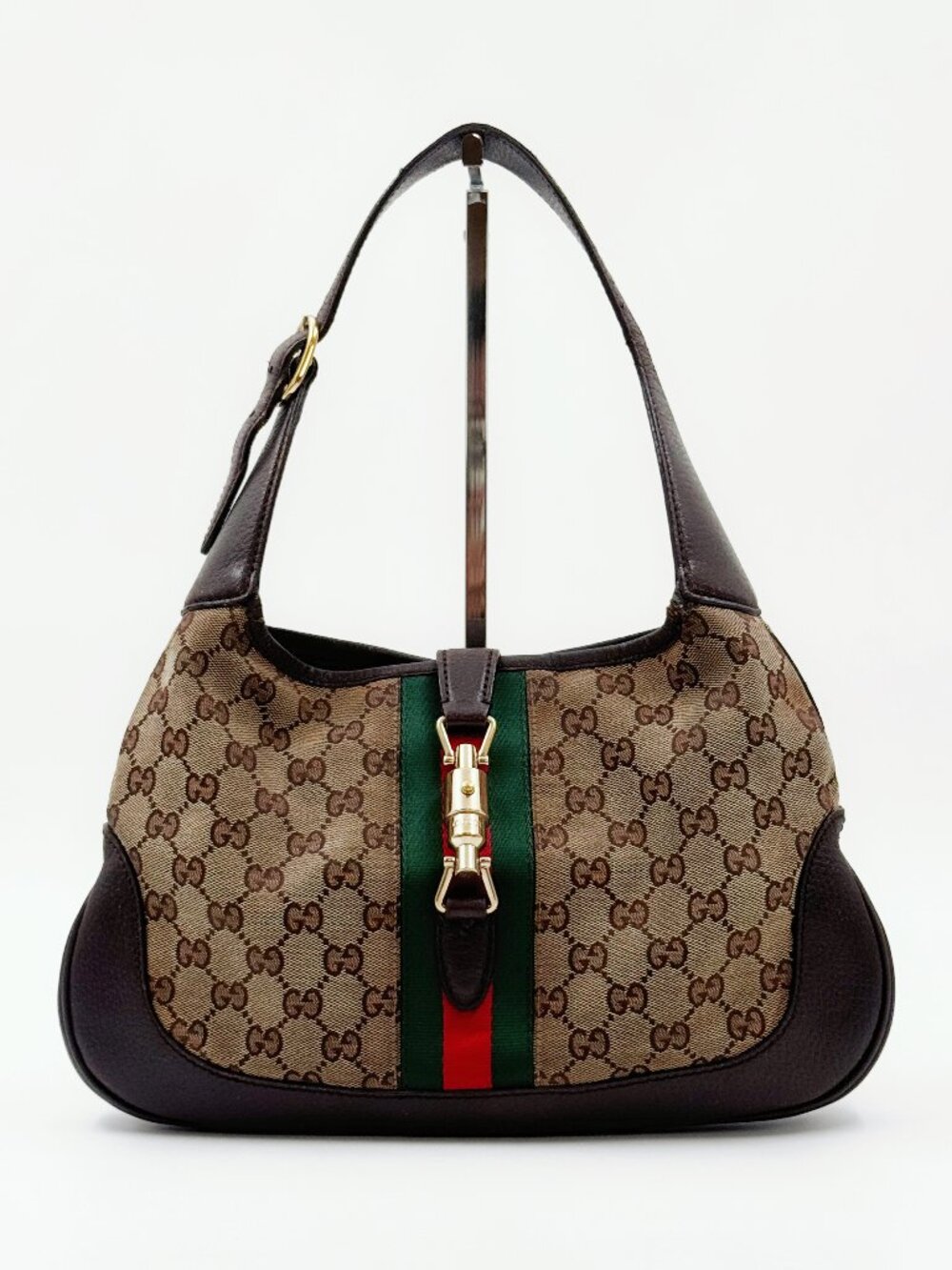 Gucci Vintage GG Monogram Canvas Web Stripe Jackie Hobo Shoulder Bag Brown